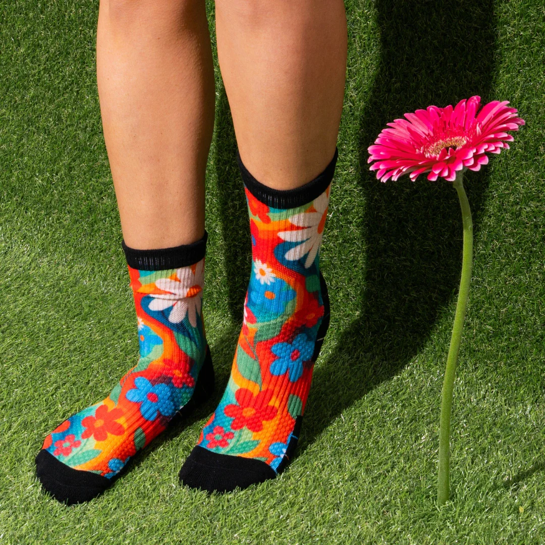 Crew Length Compression Socks Retro Flowers Bamboo - Image 2
